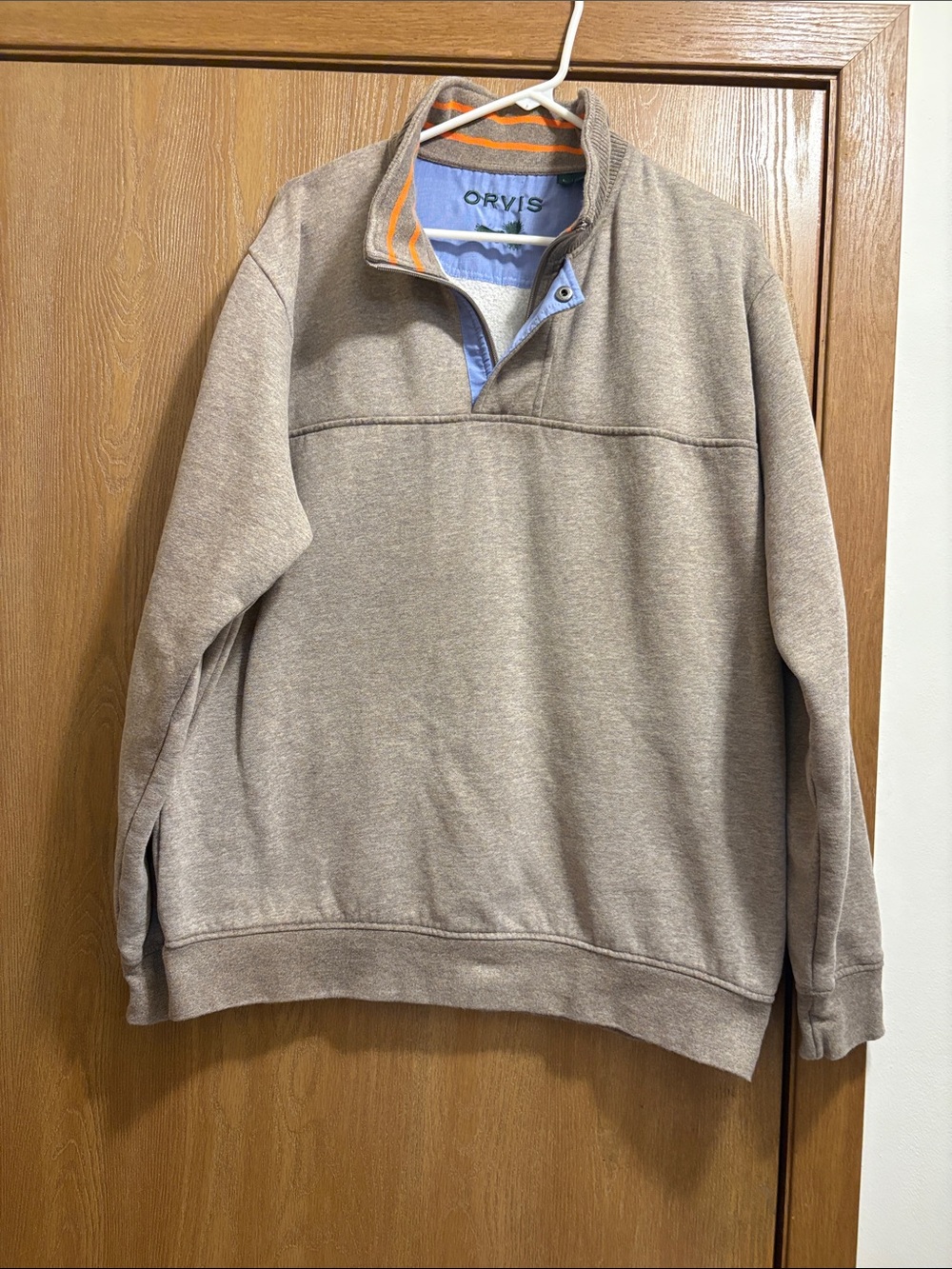 Orvis Men's Tan Quarter-Zip Pullover with Blue Placket